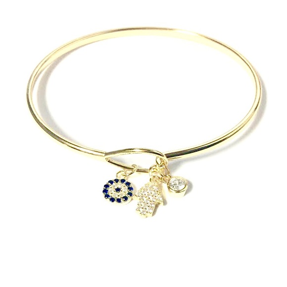 925 STERLING SILVER Hamsa-Eye-CZs Charms Bangle - Picture 3 of 8
